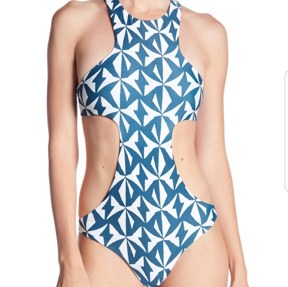 Mikoh Blue and White Cutout One-Piece Swimsuit